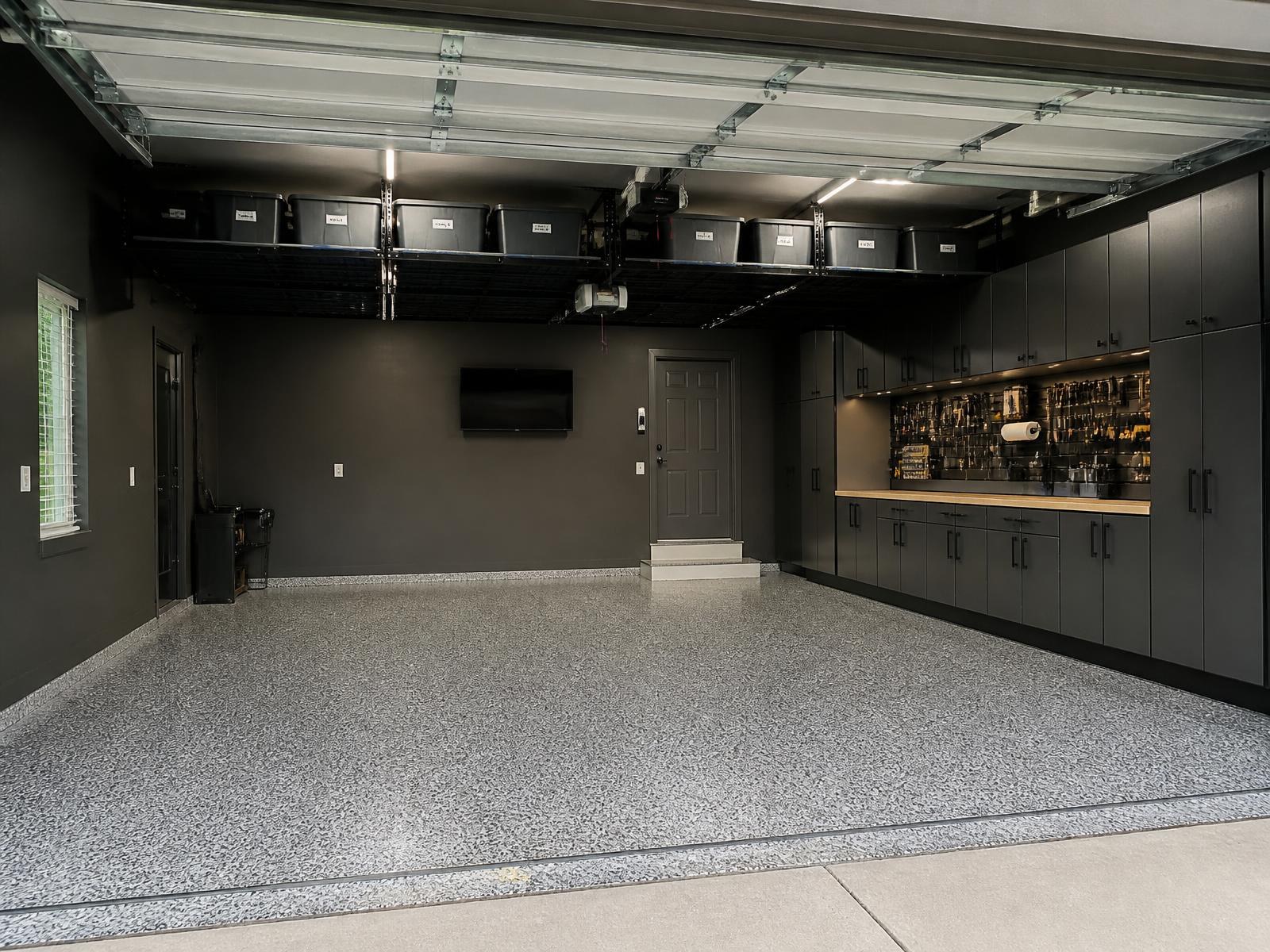 Elevate Package before and after: worn garage transformed with decorative flake epoxy floor, cabinets, slat wall storage, overhead rack, and LED lighting — after