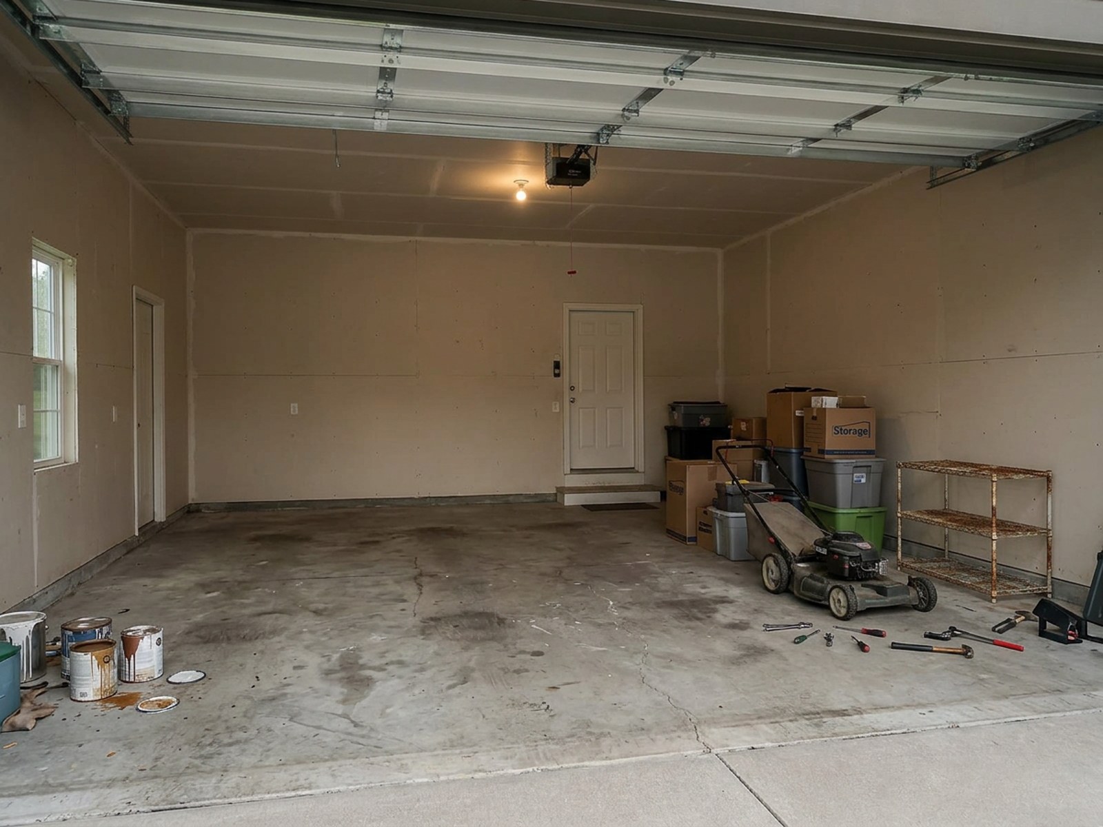 Elevate Package before and after: worn garage transformed with decorative flake epoxy floor, cabinets, slat wall storage, overhead rack, and LED lighting — before