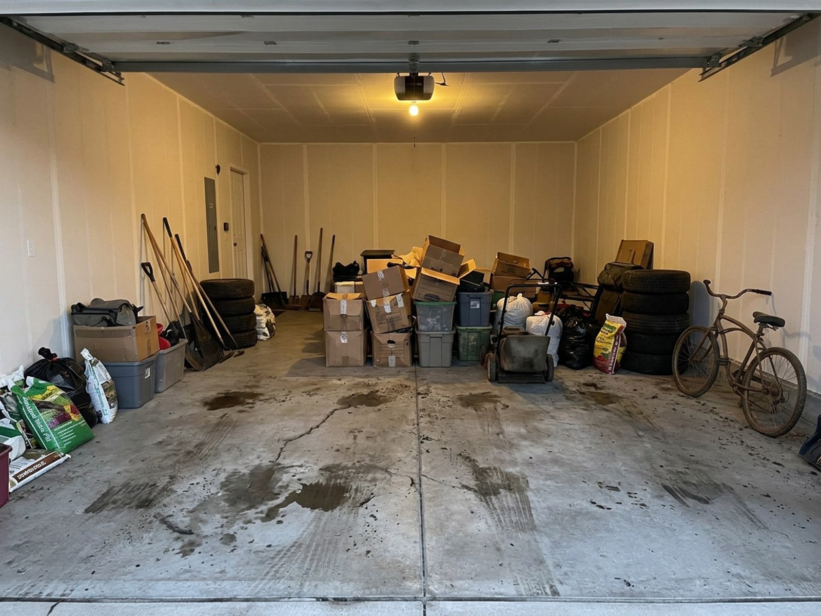 Refresh Package before and after: cluttered garage transformed into a clean, organized space with shelving, slat wall storage, and LED lighting — before